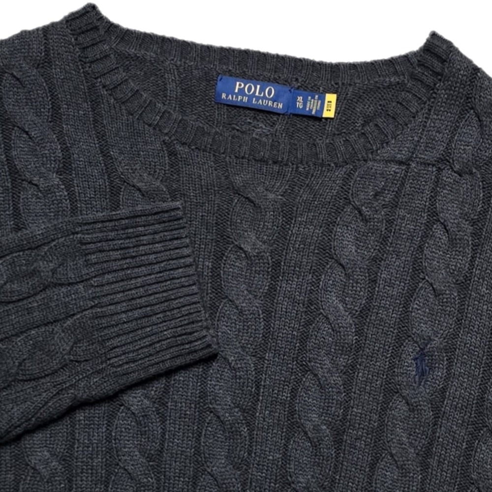 Polo Ralph Lauren Cable Knit Sweater Men's XL Grey Crewneck Pony Preppy Casual